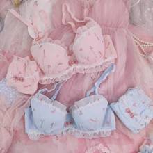 Wriufred Girly bra set comfortable gathering chiffon print lingerie panty sweet and cute underwired lingerie on top bralette 2024 - buy cheap