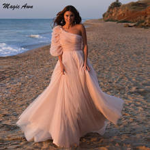 Magic Awn One Shoulder Pink Beach Wedding Dresses 2021 With Sleeves Illusion Bohemian Princess A-Line Bride Dress Simple Vestido 2024 - buy cheap