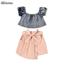 Blotona Stylish Kids Girls 2Pcs Denim Set Off Shoulder Short Sleeves Round Neck Tops Bowknot Irregular Patchwork Skirt 1-6Years 2024 - buy cheap
