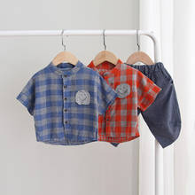 2021 New Boys Fashion Summer Sets Baby Boy Cotton Linen Short Sleeve Plaid Shirt   Shorts 2Pcs Baby Kids Clothing Suit 1-5 Years 2024 - buy cheap