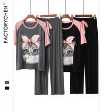 Pijama feminino folgado de manga curta, roupa de verão e primavera com gola redonda, tamanho grande e estampa de gato 2024 - compre barato