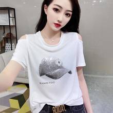 Women's Spring Summer Style Cotton Tees Women's Off Shoulder O-Neck Diamonds Short Sleeve Casual Tops SP1046 2024 - buy cheap