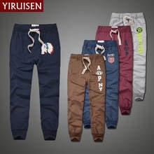 Calça yiruisen masculina, calça de moletom leve 100% algodão para homens, com trabalho de retalhos, casual e longa para outono 2024 - compre barato