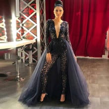 Illusion Navy Blue Jumpsuit Evening Dresses Detachable Tulle Train Lace Appliques Full Sleeves Beaded Formal Prom Party Gowns 2024 - buy cheap