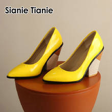 Sianie-zapatos de tacón alto grueso para mujer, tacones puntiagudos sexys de charol PU, color amarillo, naranja y blanco, para oficina y carrera, 2020 2024 - compra barato