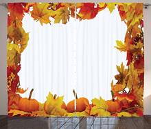 Cortinas de Acción de Gracias con hojas secas de otoño y calabazas maduras, marco de temporada en fondo blanco, sala de estar, dormitorio, cortinas de ventana 2024 - compra barato