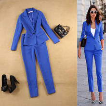 Conjunto de chaqueta y pantalones de zafiro simple para mujer, traje de 2 piezas de talla grande para primavera y otoño de Nueva Inglaterra, color azul 2024 - compra barato