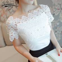 Sexy Slash Neck Women Blouse Shirt Fashion 2021 Short Sleeve White Beading Patchwork Lace Women's Clothing Tops Blusas 80F 30 2024 - buy cheap