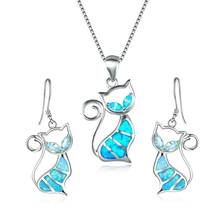Conjunto de joias da moda com pingente de opala de fogo, colar fofo de gato azul de imitação de opala de fogo com brincos para mulheres, festa de casamento, presente amor 2024 - compre barato