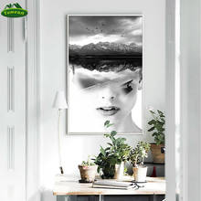 Canvas Art Posters and Prints Painting Modern Girl Portrait Black White Mountain Wall Pictures for Home Decoration, Wall Decor 2024 - buy cheap