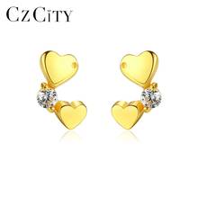 CZCITY Korean Double Heart Stud Earrings for Women Exquisite Design Girls Earrings Brand Silver 925 Jewellery Dating Accessories 2024 - buy cheap
