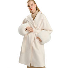2020 женское кашемировое длинное пальто с большими меховыми манжетами, элегантное шерстяное пальто с отложным воротником и поясом, зимнее теплое пальто с открытым стежком 2024 - купить недорого