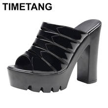 TIMETANGBig Размеры 35-42Patent кожа Для женщин свадебные тапочки летние Shoes2019High шлепанцы без задника с открытыми пальцами женские туфли-лодочки на платформе; Каблук блок Тапочки 2024 - купить недорого