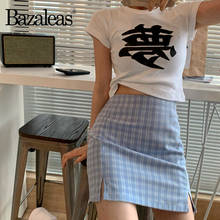 Bazaleas Streetwear tartán azul claro mujeres A-line falda saia mujer harajuku cintura alta Split Falda corta plaid Mini falda 2024 - compra barato