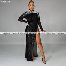 Sparkly Black Long Sleeves Prom Dresses White Pearls High Slit Backless Sexy Black Girls Graduation Party Dress Plus Size 2024 - buy cheap