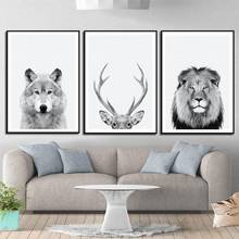 Pintura en lienzo de animales, arte de pared, retrato de Lobo, León, ciervo, carteles e impresiones en blanco y negro, imágenes de pared para decoración del hogar de la sala de estar 2024 - compra barato