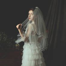 Véu de noiva com 2 camadas, tulle whtie, marfim, curto, eldow, pérolas, borda de cristal, com pente, acessórios elegantes, veu de noiva 2024 - compre barato