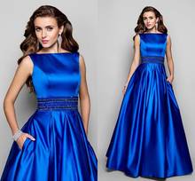 Женское атласное вечернее платье, элегантное темно-синее платье до пола с вырезом лодочкой, бусинами и без рукавов, для выпусквечерние вечера 2024 - купить недорого