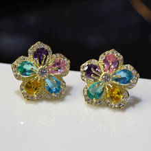 New Fashion Yellow Gold Color Flower Rhinestone Stud Earrings Cute Ear Stud Earrings for Women Wedding Bridal Engagement 2024 - buy cheap