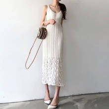 Korean Summer Crochet Hollow Out Slim Knitting Dress Women Sexy V-Neck Spaghetti Strap Dress Female Pullovers Knitted Dress 2024 - buy cheap