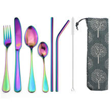 8Pcs/Set Rainbow Portable Dinnerware Cutlery Set Stainless Steel Tableware Knife Fork Teaspoon Straw Bag Utensils with Case Set 2024 - buy cheap