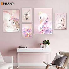 Pintura de berçário para meninas, arte de parede, poster de tela impresso de desenho animado rosa, coelho, pintura de cavalo, imagem de decoração nórdica, decoração de quarto 2024 - compre barato