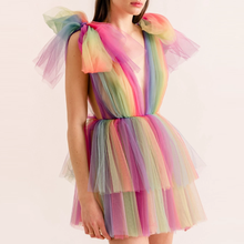 Pretty Rainbow Colorful Tulle Dresses Women Short Dress Sexy Deep V Neck Sleeveless Bow Party Prom Girl Cute Mini Dresses 2024 - buy cheap