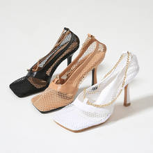 Sandália feminina salto alto fino com corrente, calçado feminino ankle boot quadrado em 3 cores 2024 - compre barato