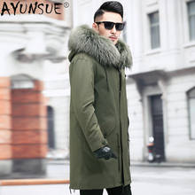 Ayunsuit-Chaqueta de piel de conejo Rex para hombre, chaquetas de piel auténtica, Parka con Cuello de piel de mapache, 100%, Ceket LXR828, Invierno 2020 2024 - compra barato