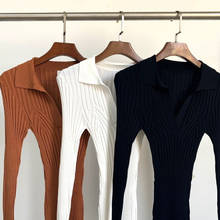 Suéter de punto con escote en V profundo para mujer, Jersey ajustado de manga larga a rayas, Jersey de punto, camisa y Top, 2021 2024 - compra barato