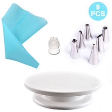 Sacola de silicone para confeitaria, 9 peças, ferramentas de decoração de bolo, saco de creme de confeiteiro, bico de aço inoxidável, acessórios de cozinha, prato giratório 2024 - compre barato