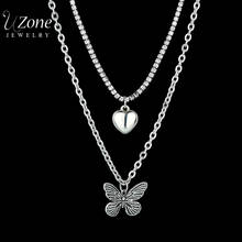 Pingente romântico de borboleta e coração uzone, colar de aço inoxidável com dupla camada de zircônio cúbico, presente para mulheres 2024 - compre barato