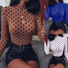 Camiseta de malla transparente con estampado de lunares para mujer, camisetas informales de manga larga para mujer, ropa ajustada de cuello alto para fiesta y discoteca 2024 - compra barato