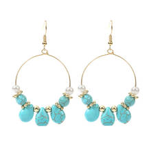 Natural Stone Hoop Wire Teardrop Blue Stone for Women Medium Hoop Style Goldtone Earrings 2024 - buy cheap