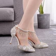 Women White Crystal Shoes Tassel Wristband Wedding Shoes Bride Shoes High Heels Sandals Female Dress Pumps Wedges 2024 - buy cheap