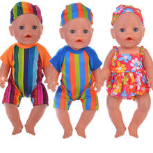 Цветной костюм в полоску, шапка + цельный костюм для 18 дюймовой американской куклы и 43 см новорожденного ребенка, Одежда для кукол нашего поколения, подарки для девочек 2024 - купить недорого