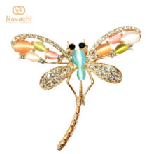 Navachi Flying Dragonfly Opal Rhinestone Crystal Yellow GP Brooch Pin Free Shipping SMT7905