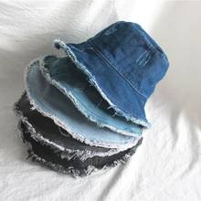 Japanese Style Women Men Washed Denim Cotton Bucket Hat Vintage Distressed Fringe Tassels Brim Sunscreen Foldable Fisherman Cap 2024 - buy cheap