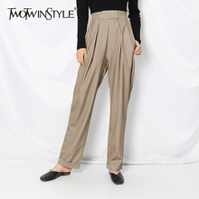 TWOTWINSTYLE-pantalones negros holgados y fruncidos para mujer, pantalón de pierna ancha informal de longitud completa con bolsillo de cintura alta, moda 2020 2024 - compra barato