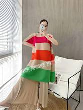 HOT SELLING Miyake short sleeve o-neck fold dress fashion stripe loose straight dress IN STOCK 2024 - buy cheap