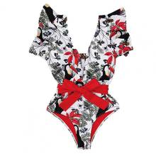2021 New Sexy Ruffle Print Floral One Piece Swimsuit Off The Shoulder Swimwear Women Solid Deep-V Beachwear Bathing Suit 2024 - buy cheap