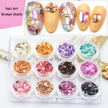 12jarros/conjunto de decorações de arte de unha, conchas quebradas, 12 cores mistas de cores natural strass para unhas, glitter, floco de unha, fatias de concha 2024 - compre barato