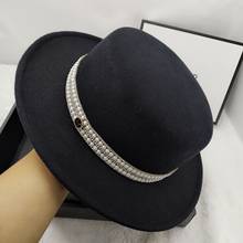 New Autumn And Winter Pearl Rhinestone Wool Cap Fedora Flat Top Hat Wide Brim Fedora Woolen Hat Female Felt Hat Womans Hats 2024 - buy cheap