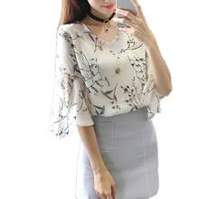Blusa de verão feminina para escritório, blusa fashion com estampa de flores, manga bufante, gola v, chiffon, camisa feminina elegante 2024 - compre barato