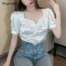 Camisa de cetim feminina, camisa vintage com gola quadrada, manga bufante de seda, casual coreana solta branca, roupas femininas 14639 2024 - compre barato