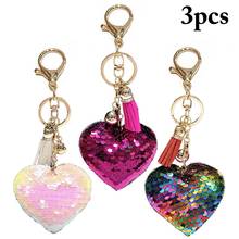 Fashion 3pcs Heart Keychain Sequin Tassel Gold Key Holder Metal Sequin Key Chain Keyring Charm Bag Auto Pendant Gift 2024 - buy cheap