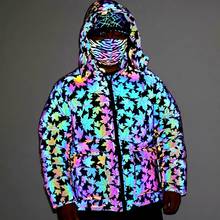 2021 Winter Men's Clothing Rainbow Reflective Jacket Men Maple Leaf Thick Warm Cotton Padded Hip Hop Plus Size Loose Snow Coat 2024 - buy cheap