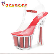 Sandálias femininas de salto alto voesnees, sapatos transparentes com plataforma de aço 18 cm para dança, modelo t de palco sexy 2024 - compre barato