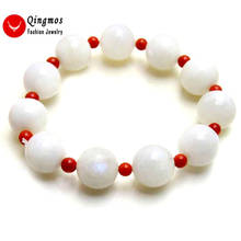 Qingmos Moda Branco Pulseira Pedra para Mulheres com 12mm Redondo Branco Moonstone Natural e Coral Vermelho Pulseira 7.5'' bra415 2024 - compre barato