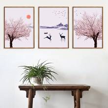Pinturas en lienzo de paisaje de montaña japonés de estilo Vintage, flores rosas, flores de cerezo, carteles e impresiones, imagen artística para pared 2024 - compra barato